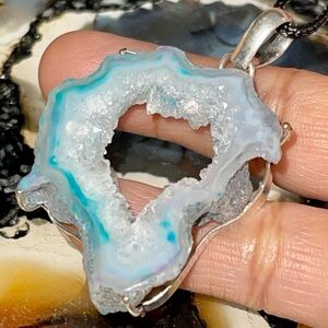 Blue Drusy Solar Quartz Pendant 2”